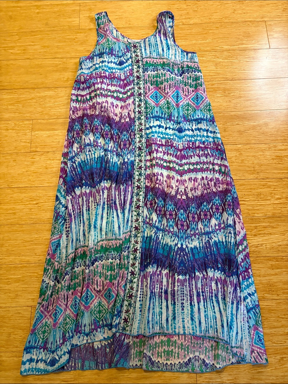Coldwater Creek Embroidered Ikat Tribal Maxi Dress size small boho colorful